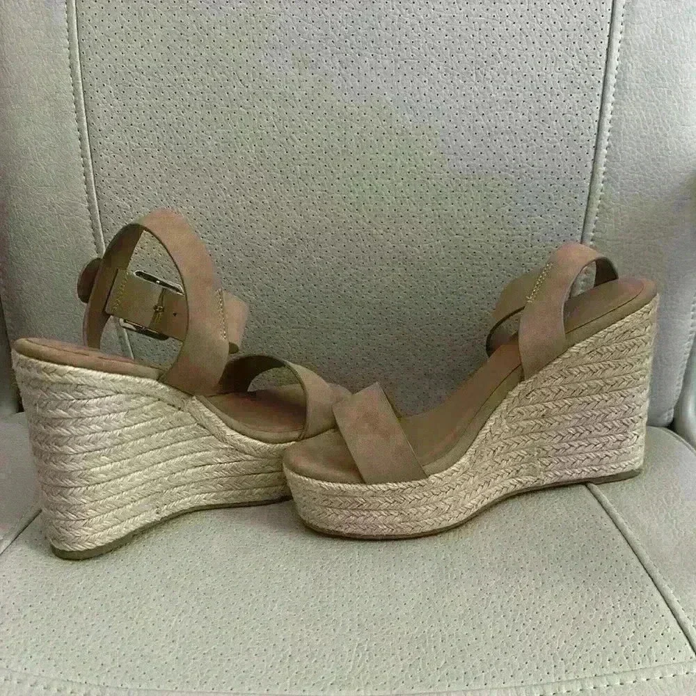 Tan Wedge Sandals with Ankle Strap - Picture 4 of 7